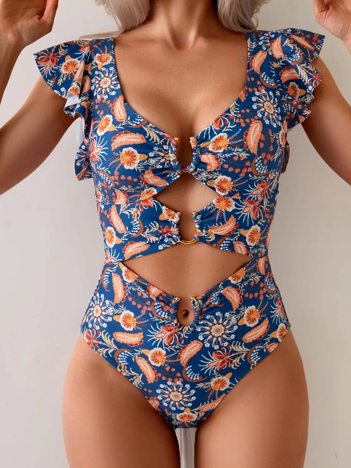 B2prity Women's One Piece Swimsuit Ruffle Sleeve Cut Out Bathing Suit Tie Back High Waisted Swim Suit