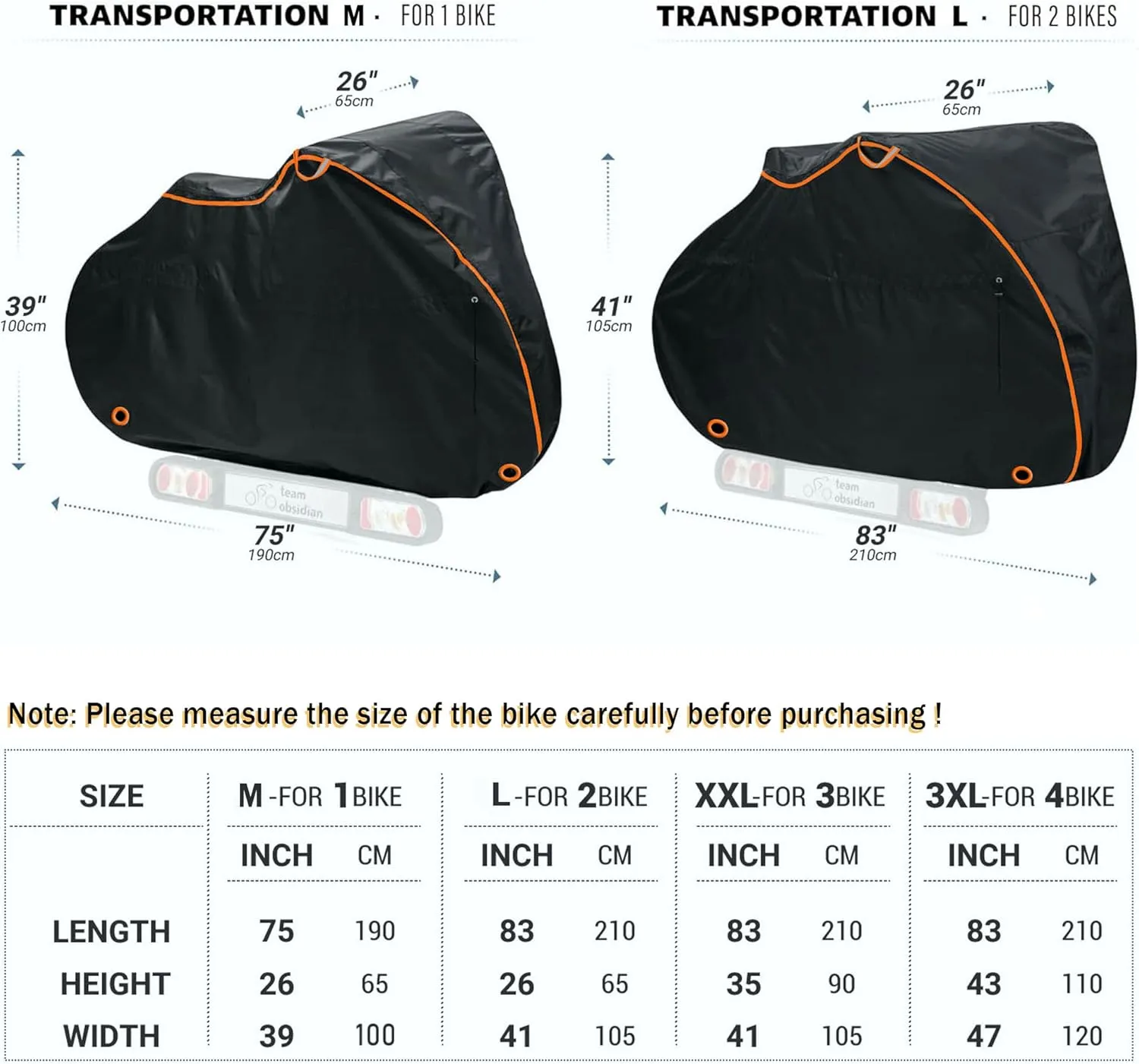 Bike Cover Outdoor Waterproof Transport Rack Storage Bicycle Cover,Rain Dust Resistant Wind Proof Lock Hole UV Coated,75L x 39W x 26H Inch (Black)