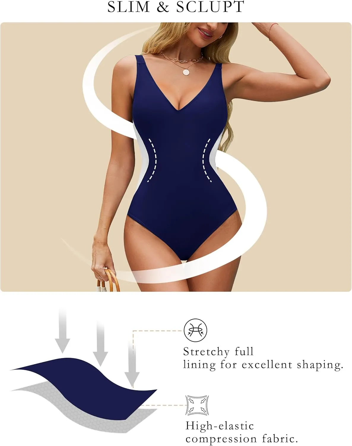 BMJL Women's One Piece Swimsuit Slimming Tummy Control Bathing Suit Deep V Neck Color Block Lace Up Back Swimwear