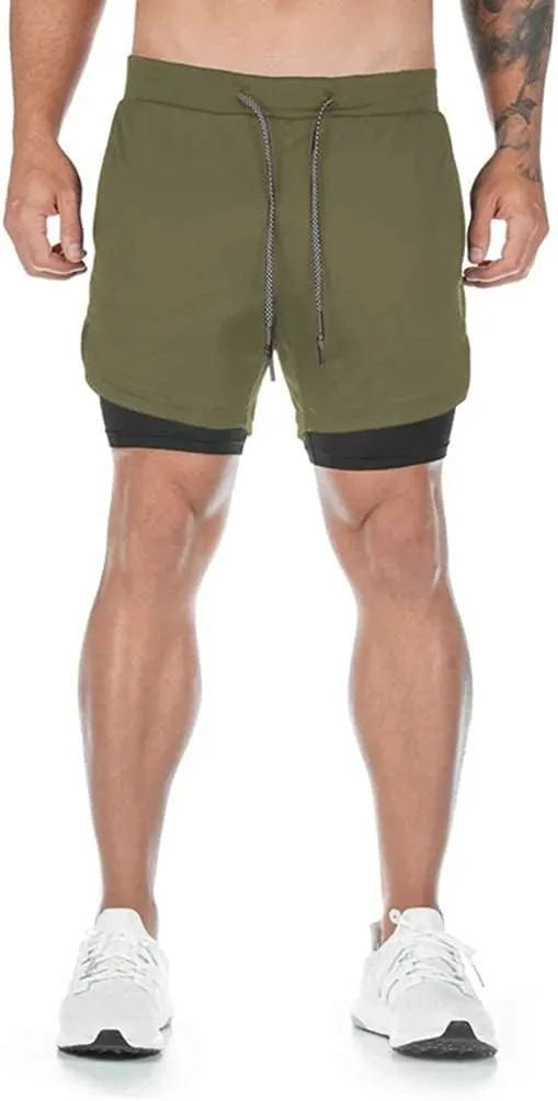 BOOMLEMON Men's 2-in-1 Running Workout Shorts Gym Training Athletic Short Pants with Towel Loop