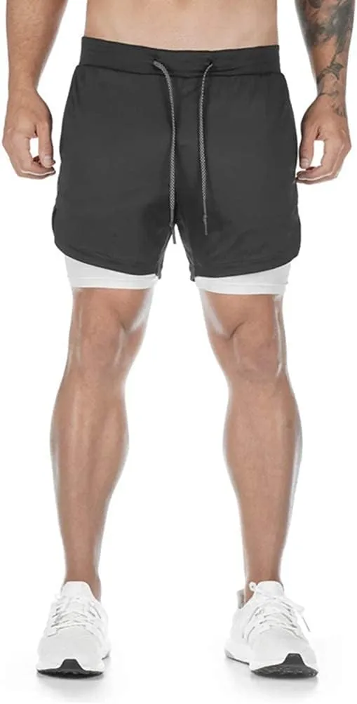 BOOMLEMON Men's 2-in-1 Running Workout Shorts Gym Training Athletic Short Pants with Towel Loop