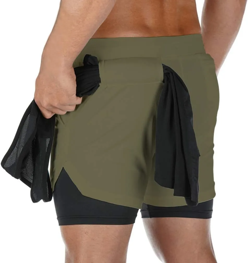 BOOMLEMON Men's 2-in-1 Running Workout Shorts Gym Training Athletic Short Pants with Towel Loop