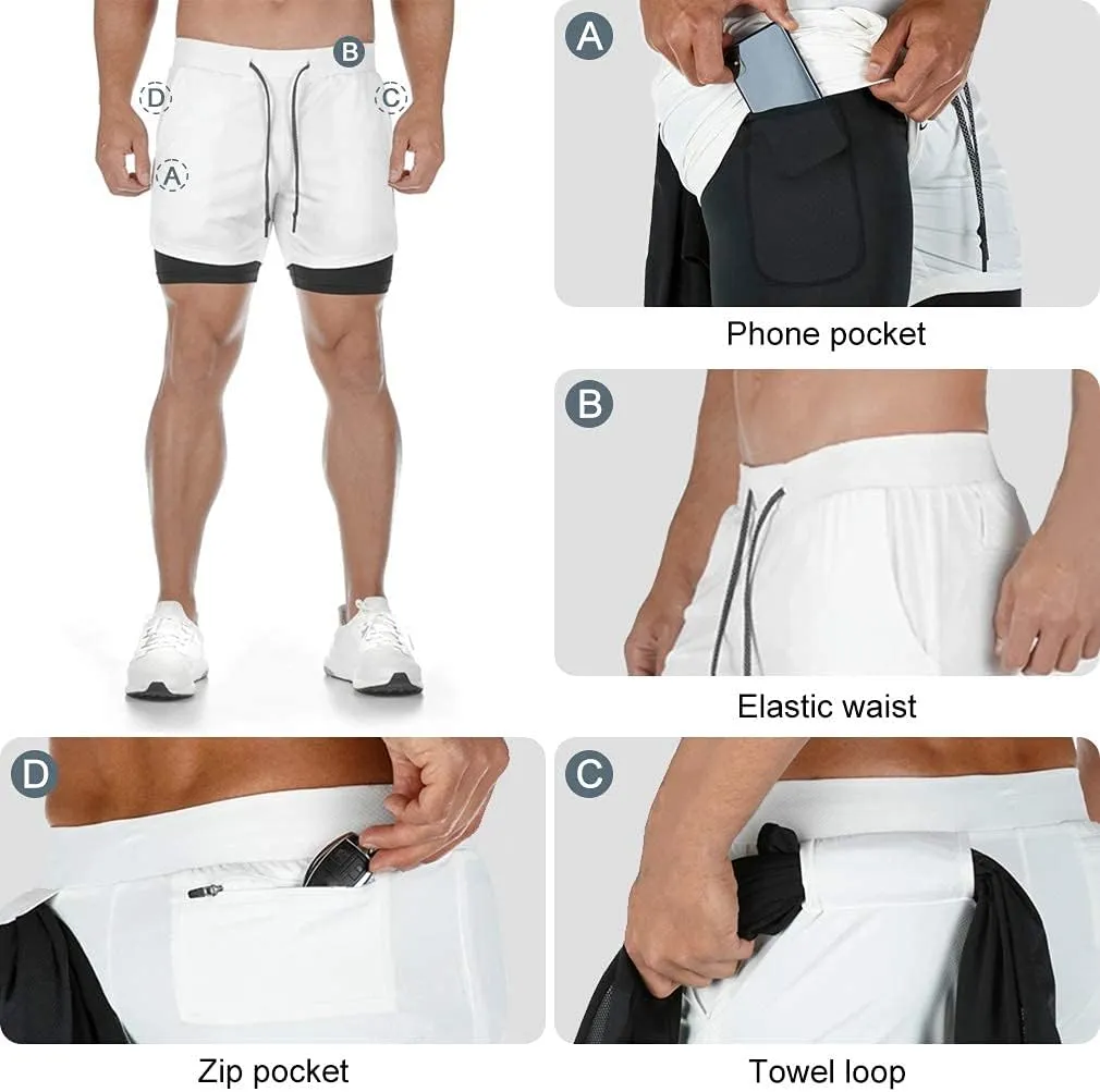 BOOMLEMON Men's 2-in-1 Running Workout Shorts Gym Training Athletic Short Pants with Towel Loop