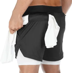 BOOMLEMON Men's 2-in-1 Running Workout Shorts Gym Training Athletic Short Pants with Towel Loop