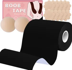 Breast Tape Lifting Large Breasts 5inch, Boobtape for Breast Lift Plus Size, Adhesive Large Boob Tape for Heavy Boobs, Body Tape D-G Cup with Nipple Covers Satin Nipple Pasties Black