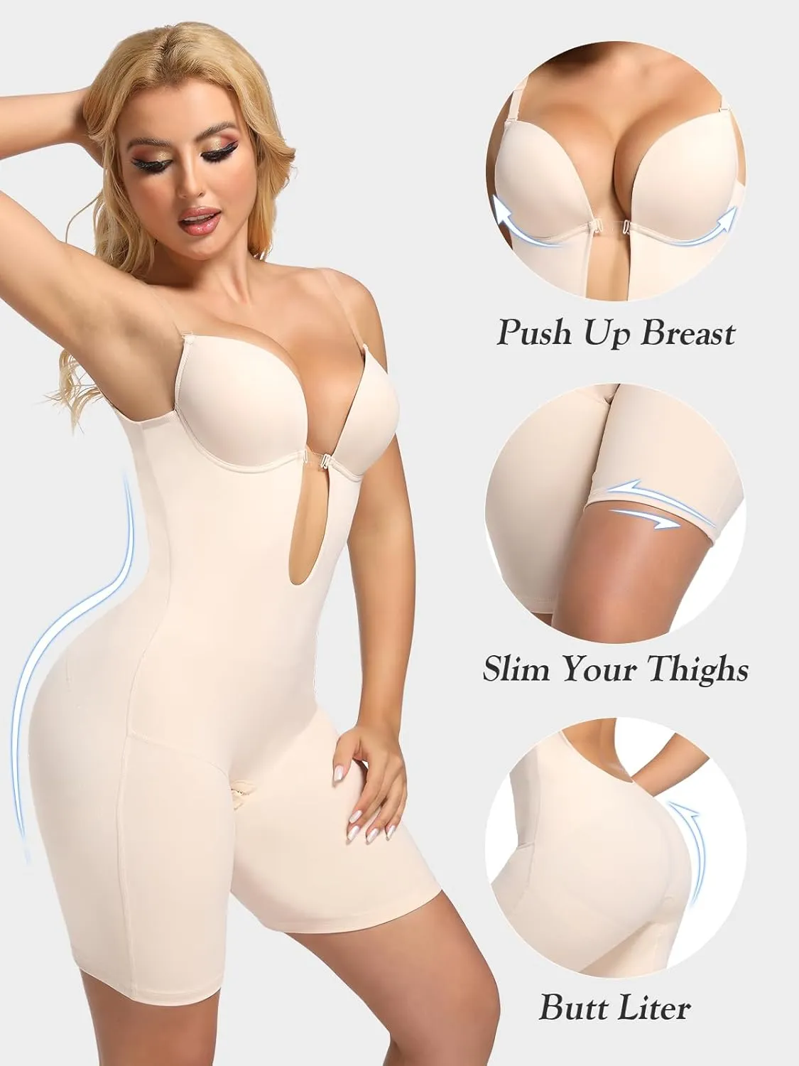 Decorus Backless Shapewear Strapless Bodysuits - Women Low Back Body Shaper Full Body Tummy Control Built in Bra With Plunge