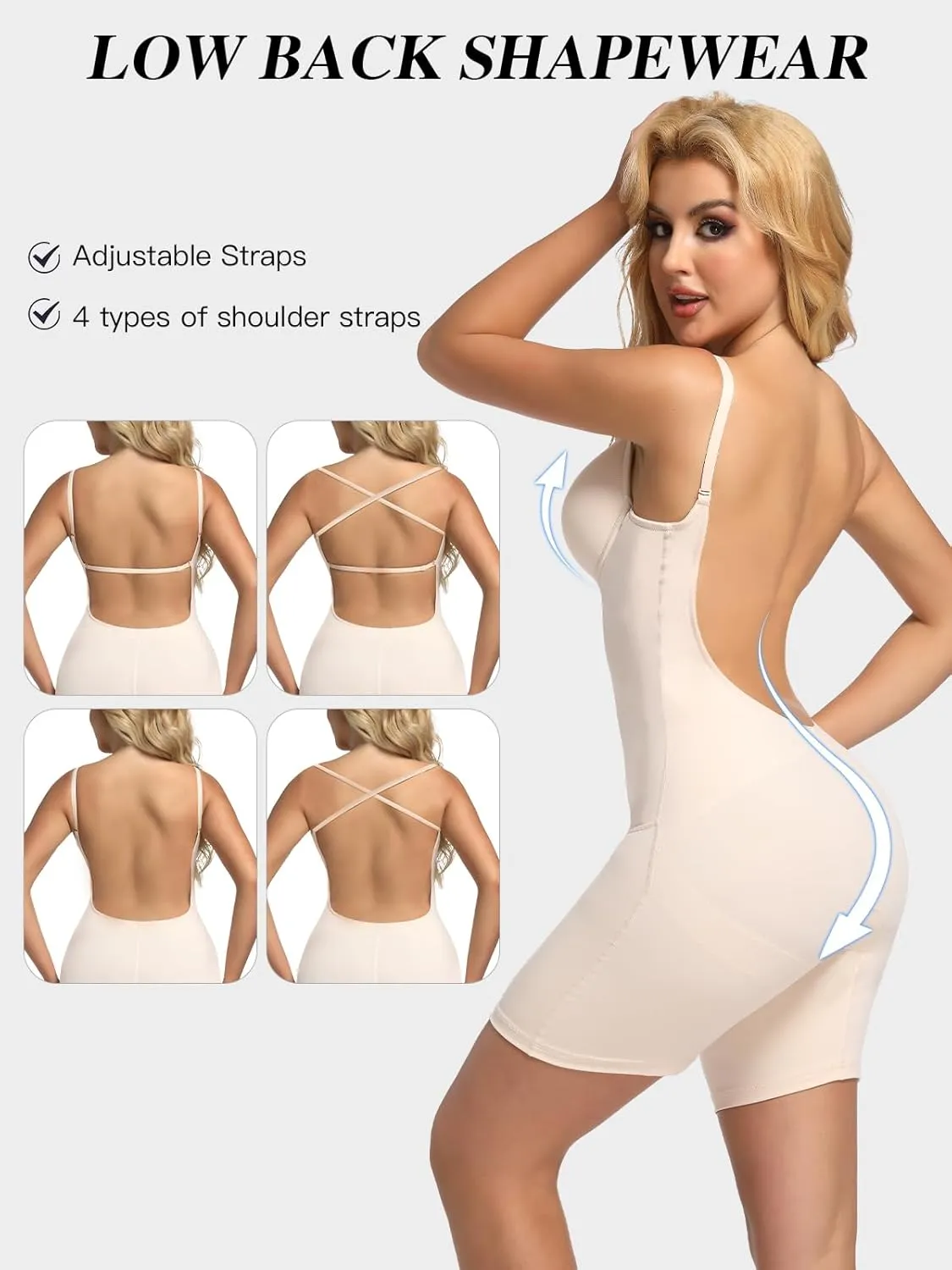 Decorus Backless Shapewear Strapless Bodysuits - Women Low Back Body Shaper Full Body Tummy Control Built in Bra With Plunge