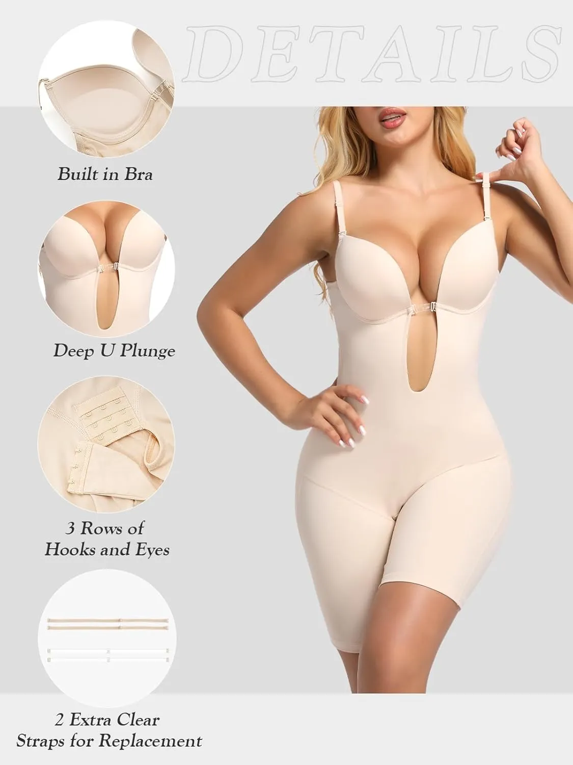 Decorus Backless Shapewear Strapless Bodysuits - Women Low Back Body Shaper Full Body Tummy Control Built in Bra With Plunge