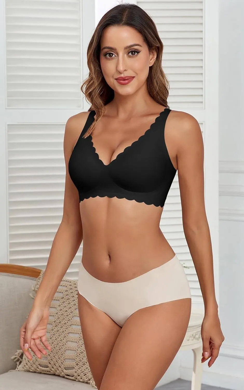 Deep V Neck Wireless Bras for Women No Underwire Scalloped Seamless Bralettes Petal Wavy Womens Bras with Extender
