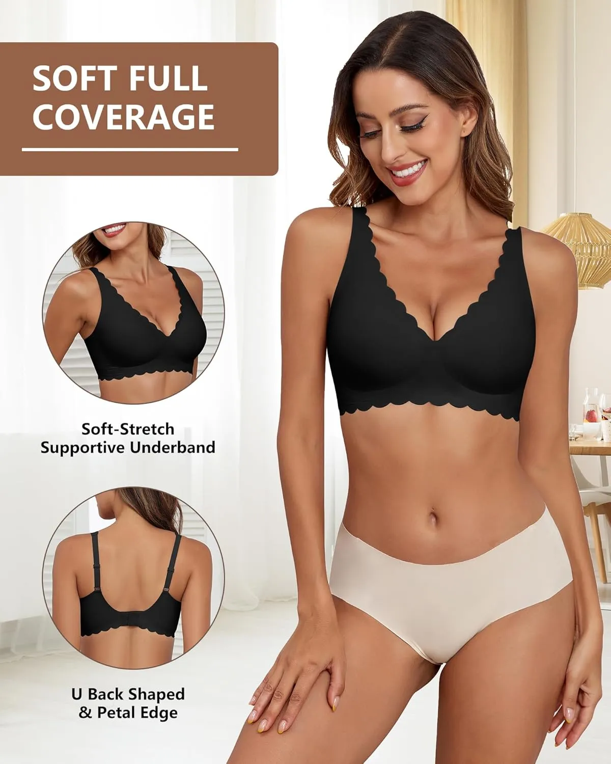Deep V Neck Wireless Bras for Women No Underwire Scalloped Seamless Bralettes Petal Wavy Womens Bras with Extender