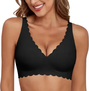 Deep V Neck Wireless Bras for Women No Underwire Scalloped Seamless Bralettes Petal Wavy Womens Bras with Extender