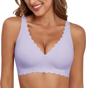 Deep V Neck Wireless Bras for Women No Underwire Scalloped Seamless Bralettes Petal Wavy Womens Bras with Extender