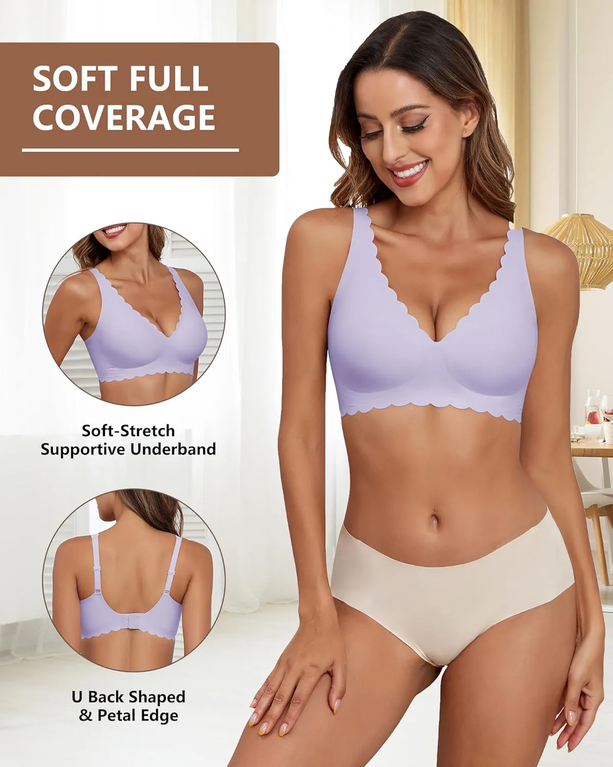 Deep V Neck Wireless Bras for Women No Underwire Scalloped Seamless Bralettes Petal Wavy Womens Bras with Extender