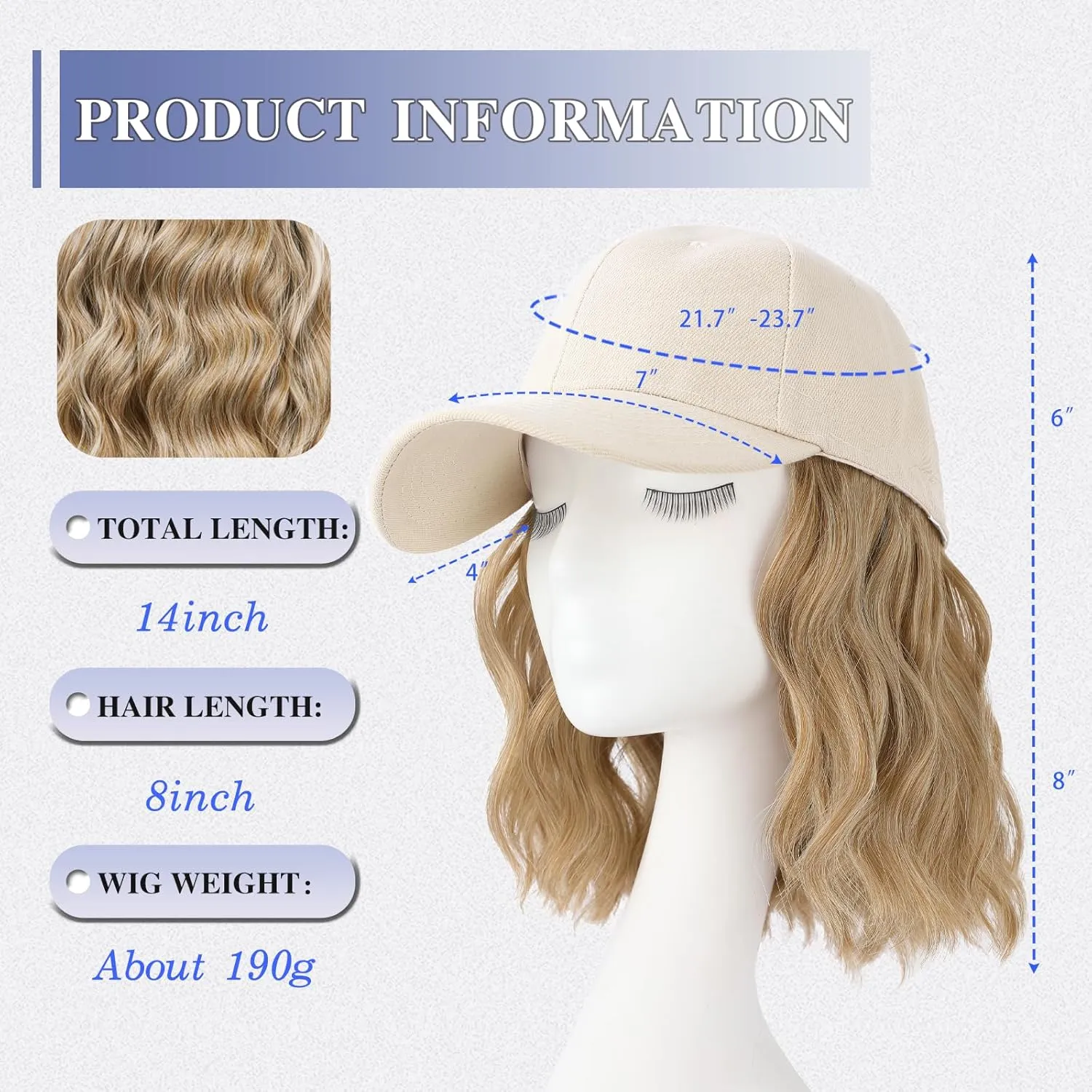 Hat Wigs for Women Baseball Cap with Hair Extensions Short Wave Synthetic Baseball Cap Wig for Women Adjustable Hat with Hair Attached for Daily Use(14inch)