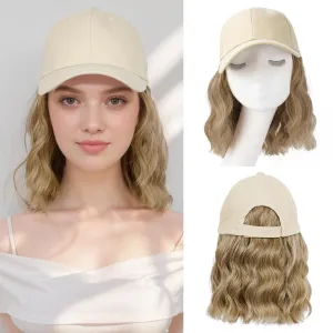 Hat Wigs for Women Baseball Cap with Hair Extensions Short Wave Synthetic Baseball Cap Wig for Women Adjustable Hat with Hair Attached for Daily Use(14inch)