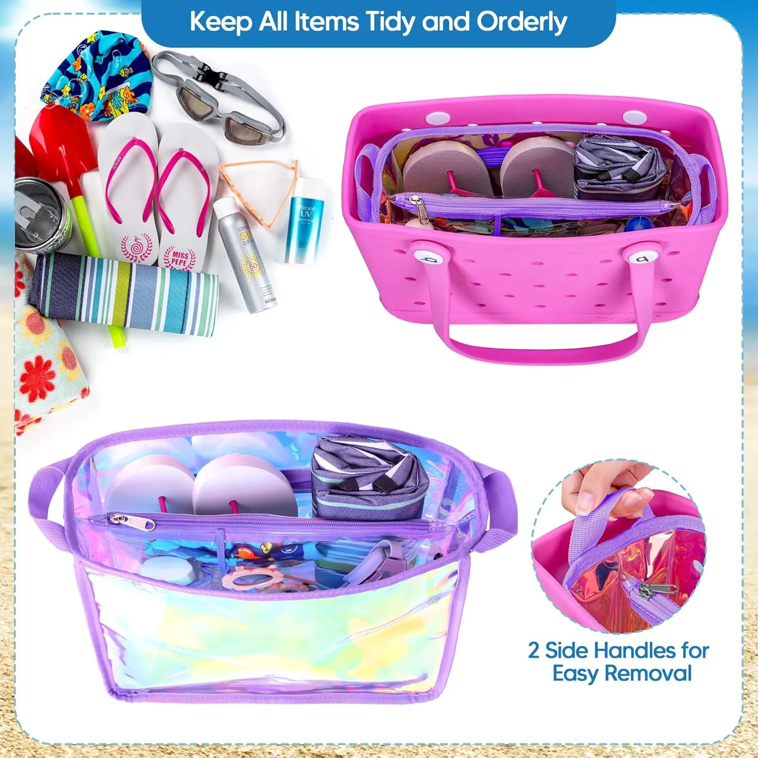 Iridescent Beach Bag Organizer Insert (12.4in x 10.2in x 4.3in) Compatible with Bogg Bag(15in x 13in x 5.25in), Beach Bag Insert Divider Pouch Waterproof Liner, Purple