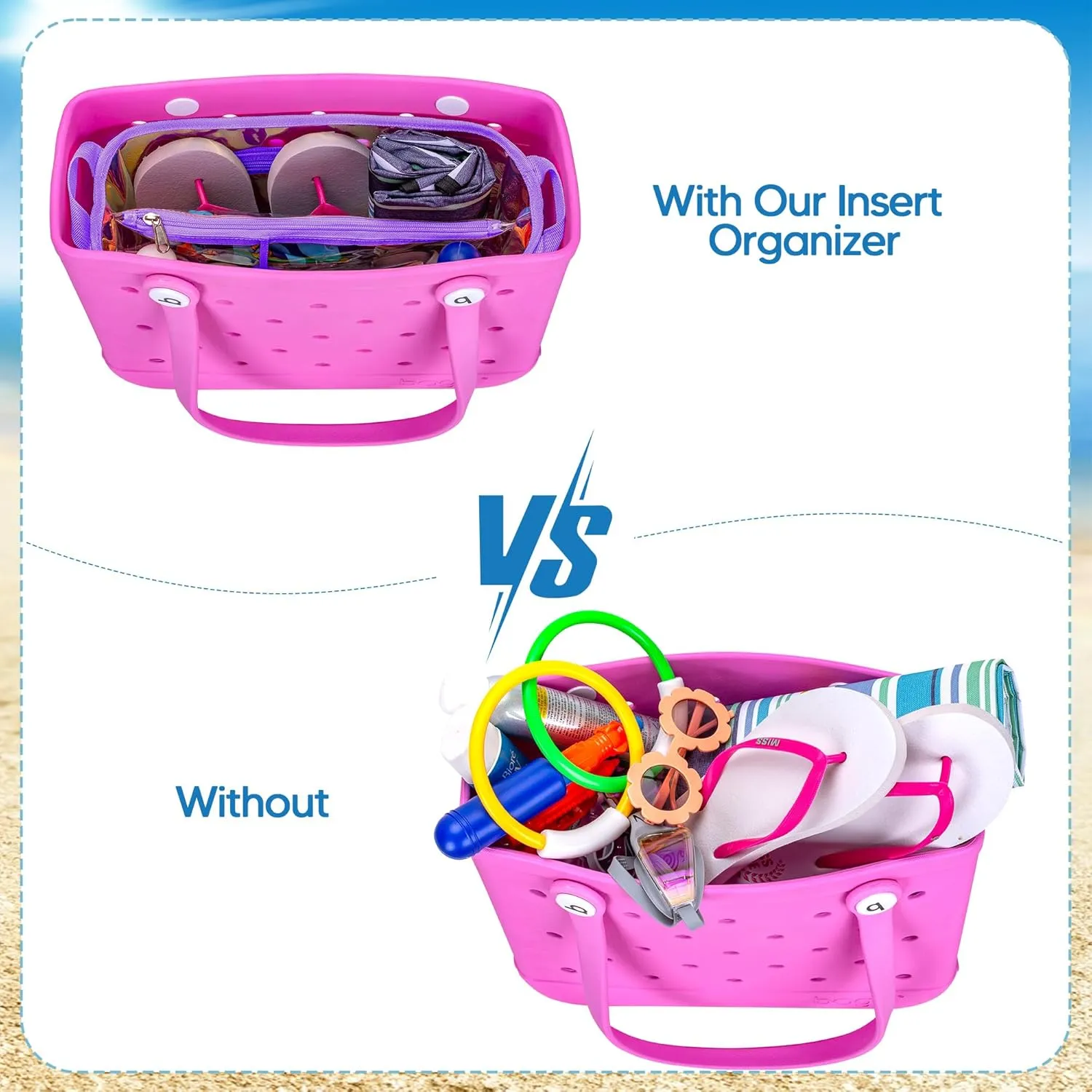 Iridescent Beach Bag Organizer Insert (12.4in x 10.2in x 4.3in) Compatible with Bogg Bag(15in x 13in x 5.25in), Beach Bag Insert Divider Pouch Waterproof Liner, Purple