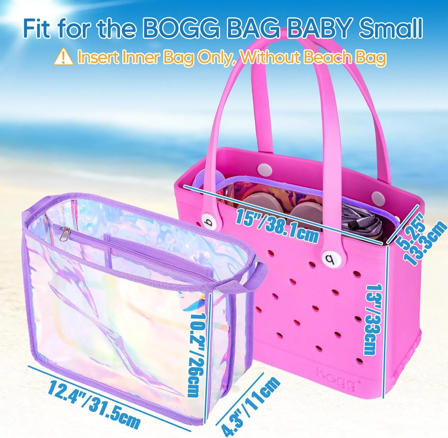 Iridescent Beach Bag Organizer Insert (12.4in x 10.2in x 4.3in) Compatible with Bogg Bag(15in x 13in x 5.25in), Beach Bag Insert Divider Pouch Waterproof Liner, Purple