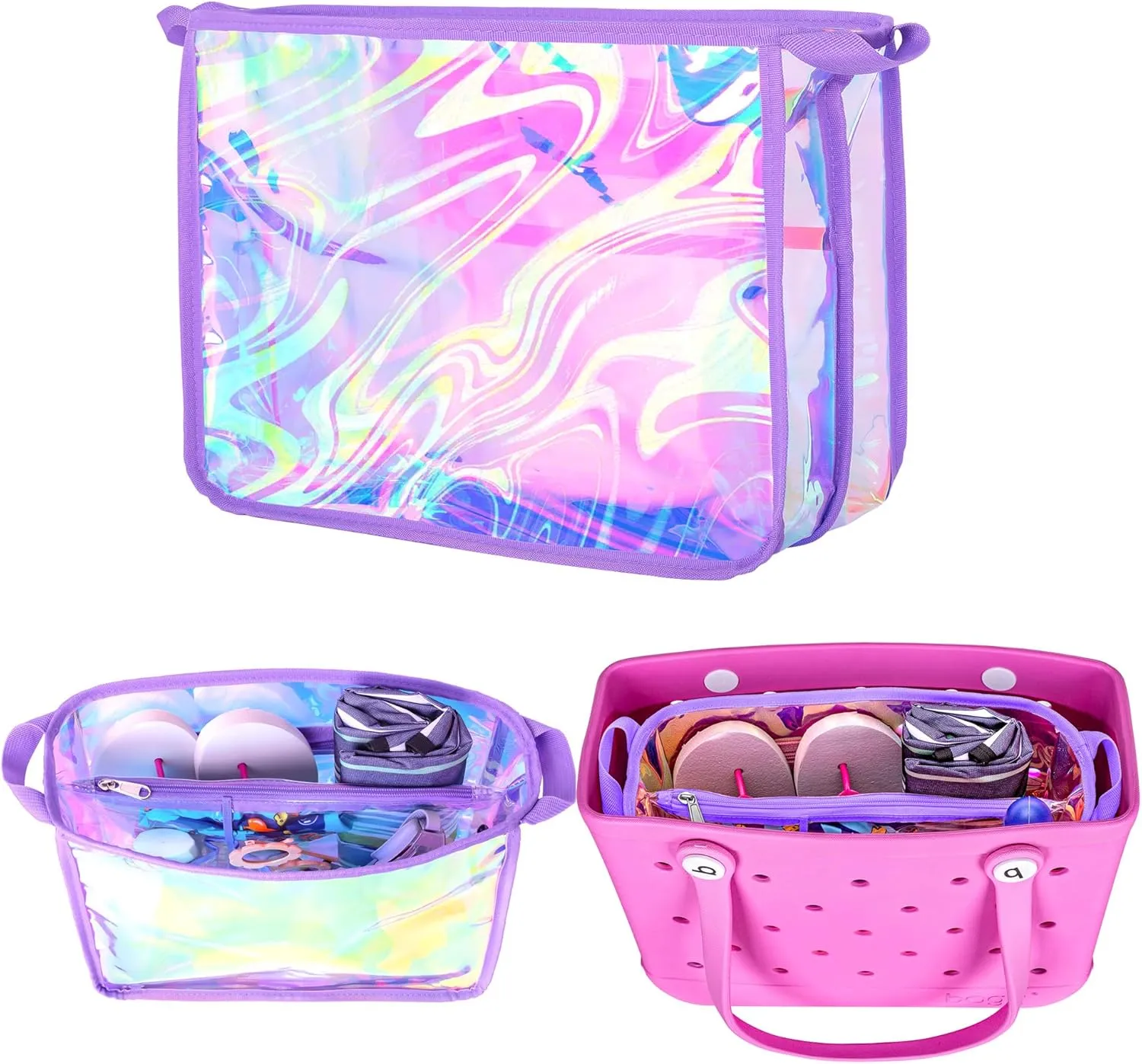 Iridescent Beach Bag Organizer Insert (12.4in x 10.2in x 4.3in) Compatible with Bogg Bag(15in x 13in x 5.25in), Beach Bag Insert Divider Pouch Waterproof Liner, Purple