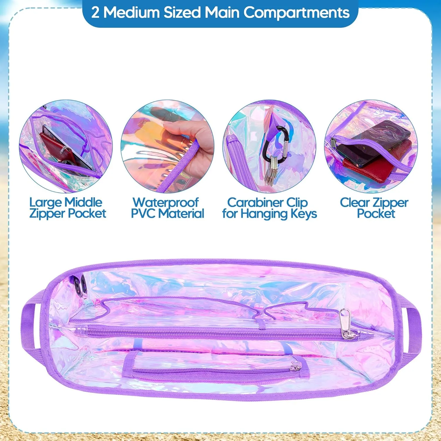 Iridescent Beach Bag Organizer Insert (12.4in x 10.2in x 4.3in) Compatible with Bogg Bag(15in x 13in x 5.25in), Beach Bag Insert Divider Pouch Waterproof Liner, Purple