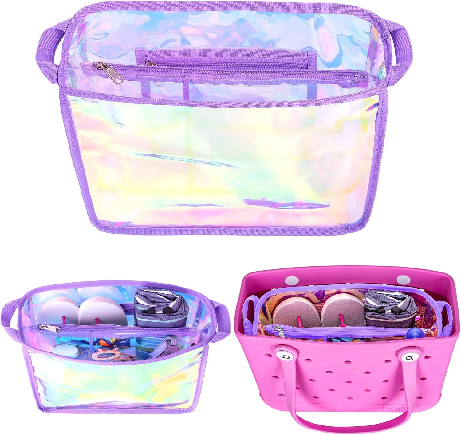 Iridescent Beach Bag Organizer Insert (12.4in x 10.2in x 4.3in) Compatible with Bogg Bag(15in x 13in x 5.25in), Beach Bag Insert Divider Pouch Waterproof Liner, Purple