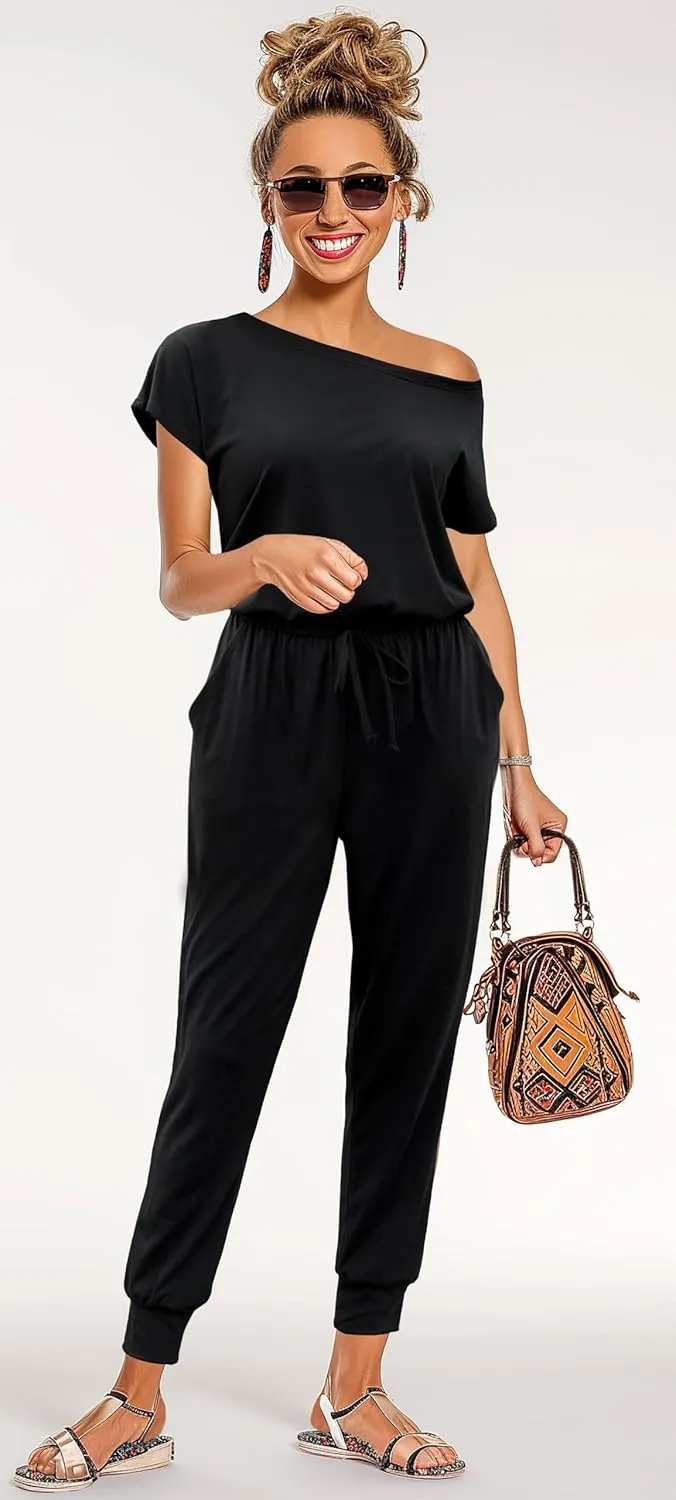 KAY SINN Summer Jumpsuit Rompers Off Shoulder for Women with Pockets Casual Elastic Waist