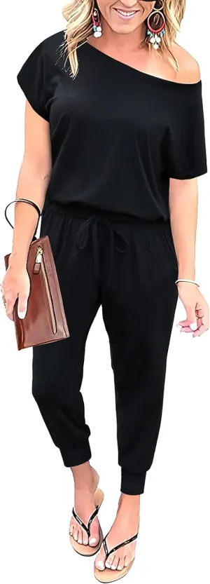 KAY SINN Summer Jumpsuit Rompers Off Shoulder for Women with Pockets Casual Elastic Waist