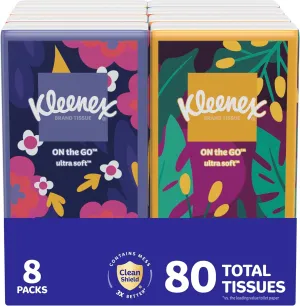 Kleenex On-The-Go Facial Tissues, 8 On-The-Go Packs, 10 Tissues per Box, 3-Ply (80 Total Tissues), Packaging May Vary