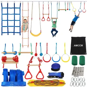 Ninja Warrior Obstacle Course for Kids -Slackline Kit 65FT with 15 Sturdy Attachments Like Obstacle Net, Swing, Monkey Bar - Ninja Course for Kids Outside Multicolour