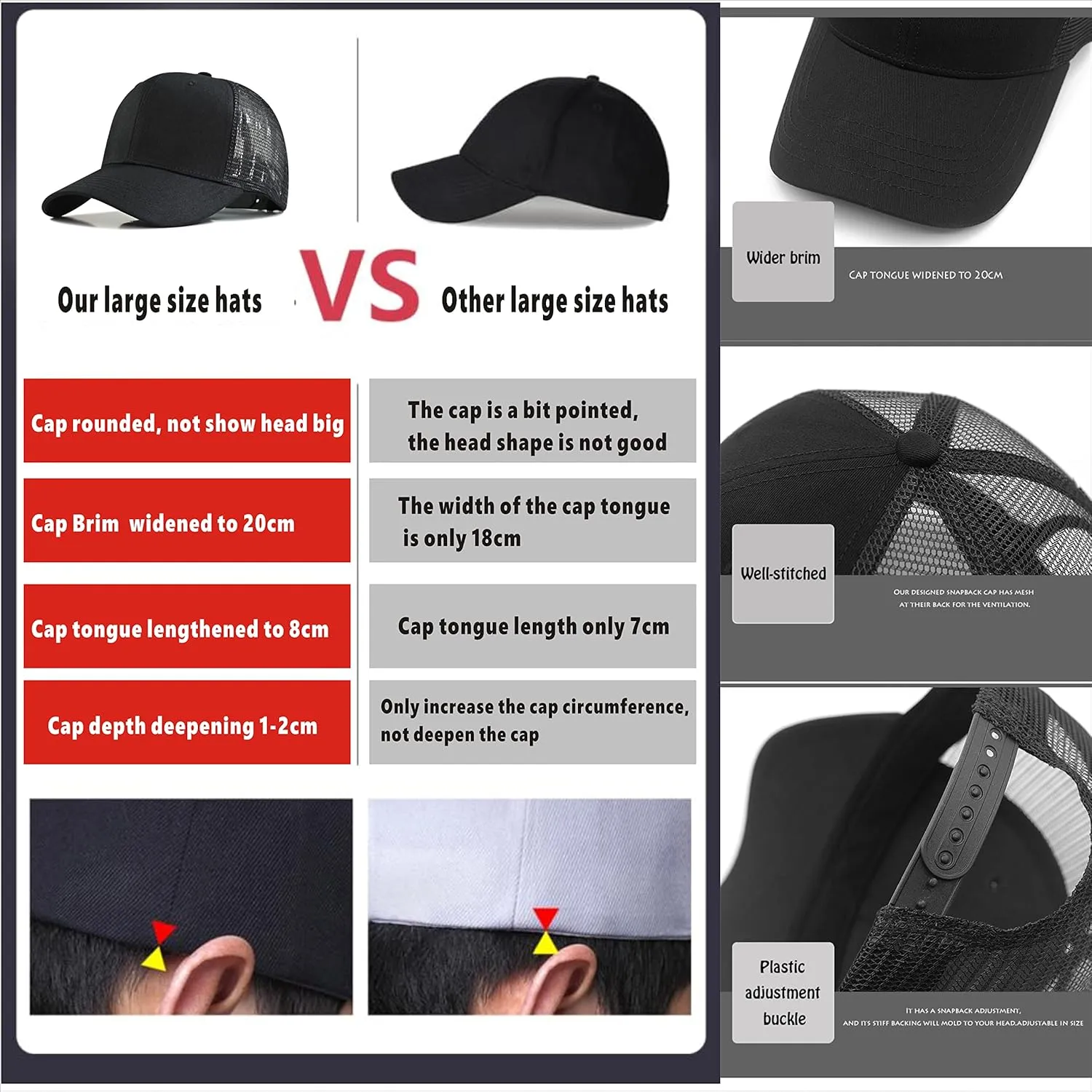 Oversize Large Mesh Trucker Hat Big Head Hats for Men XXL Baseball Cap Breathable Dad Hat Adjustable 23.6"-25.6"