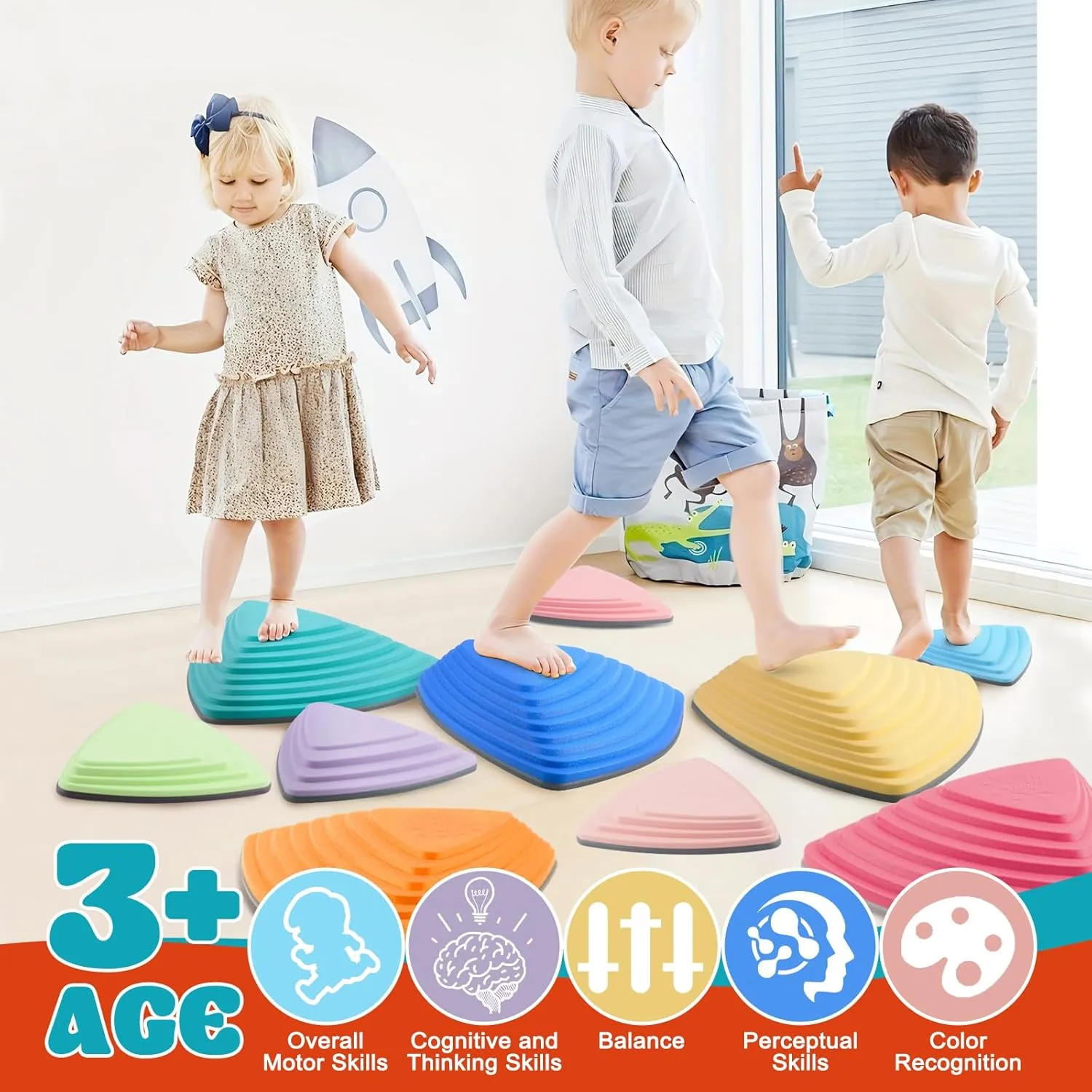 POSKAD Durable Non-Slip Stepping Stones for Kids - Toddler Stepping Stones to Encourage Balance & Gross Motor Skills, Indoor & Outdoor Toys, Gift for Kids, Obstacle Course Fun