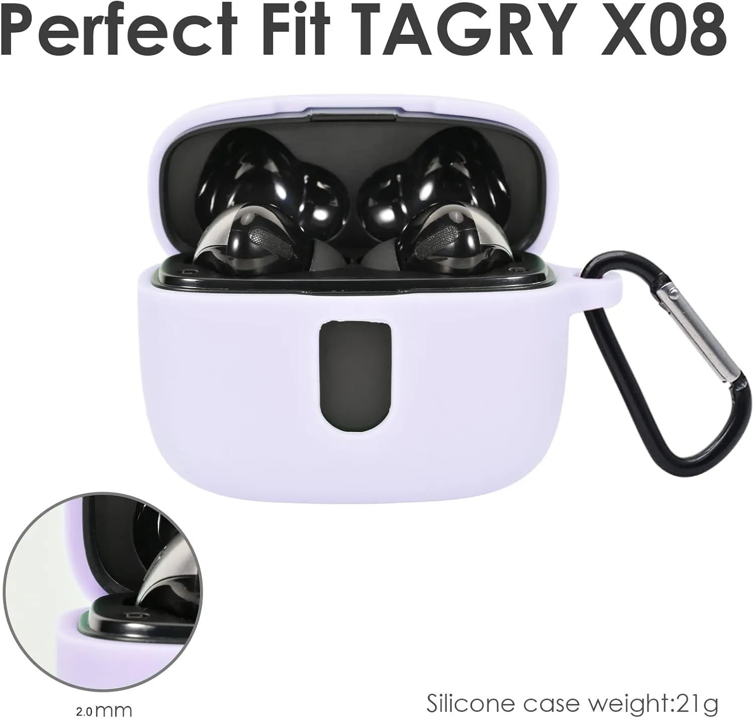 Premium Silicone Case for TAGRY X08 Wireless Earbuds with Carabiner. (Lavender)
