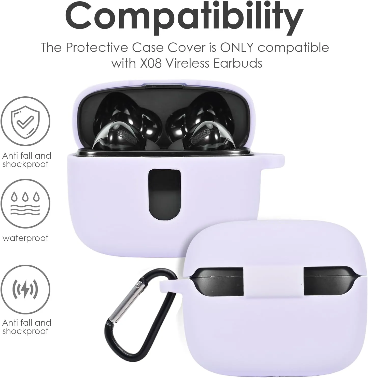 Premium Silicone Case for TAGRY X08 Wireless Earbuds with Carabiner. (Lavender)