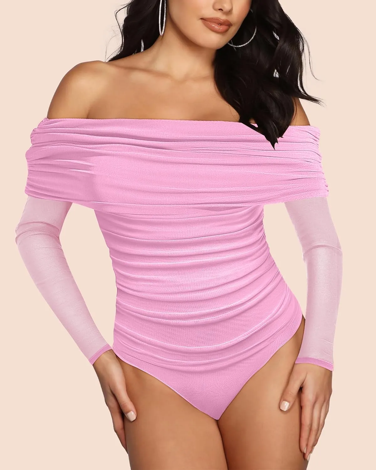 SAUNGKUAI Women's Off The Shoulder Long Sleeve Bodysuit Sexy Slimming Body Suit Tops Sheer Mesh Ruched Outfits