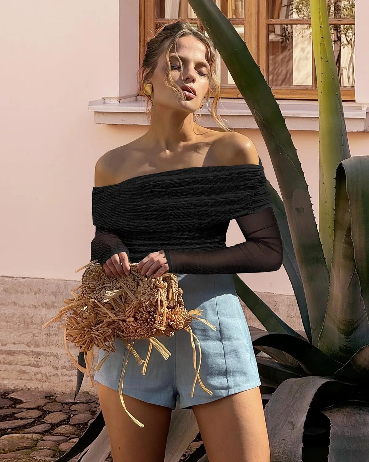 SAUNGKUAI Women's Off The Shoulder Long Sleeve Bodysuit Sexy Slimming Body Suit Tops Sheer Mesh Ruched Outfits