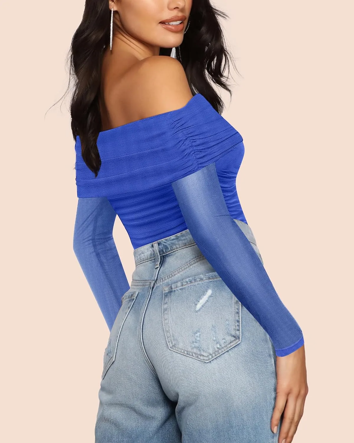 SAUNGKUAI Women's Off The Shoulder Long Sleeve Bodysuit Sexy Slimming Body Suit Tops Sheer Mesh Ruched Outfits