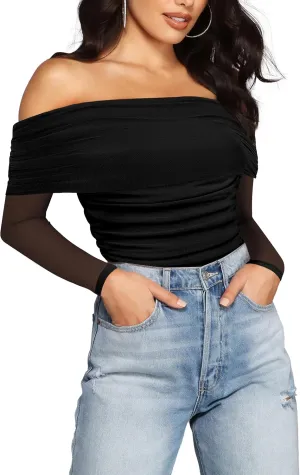 SAUNGKUAI Women's Off The Shoulder Long Sleeve Bodysuit Sexy Slimming Body Suit Tops Sheer Mesh Ruched Outfits