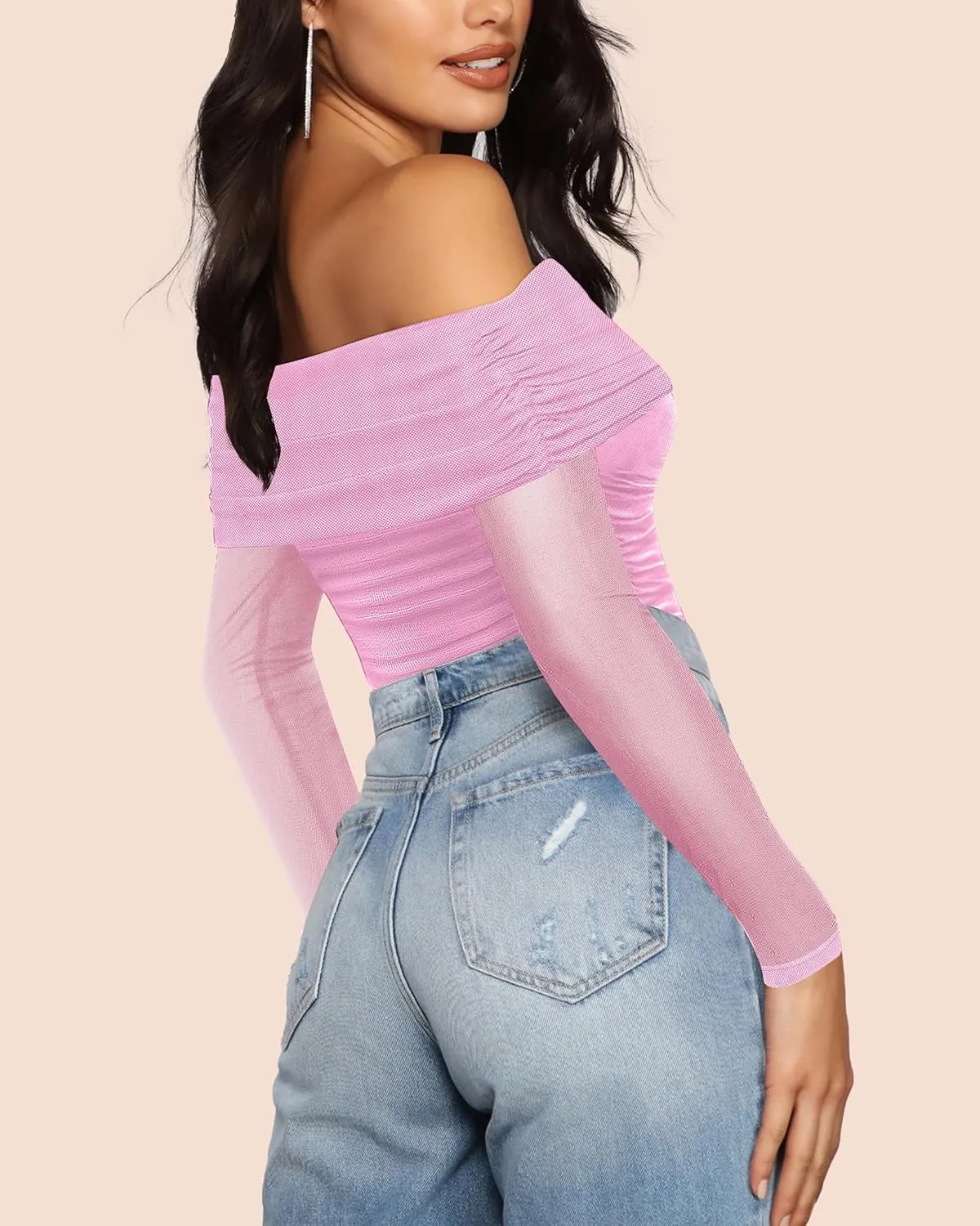 SAUNGKUAI Women's Off The Shoulder Long Sleeve Bodysuit Sexy Slimming Body Suit Tops Sheer Mesh Ruched Outfits