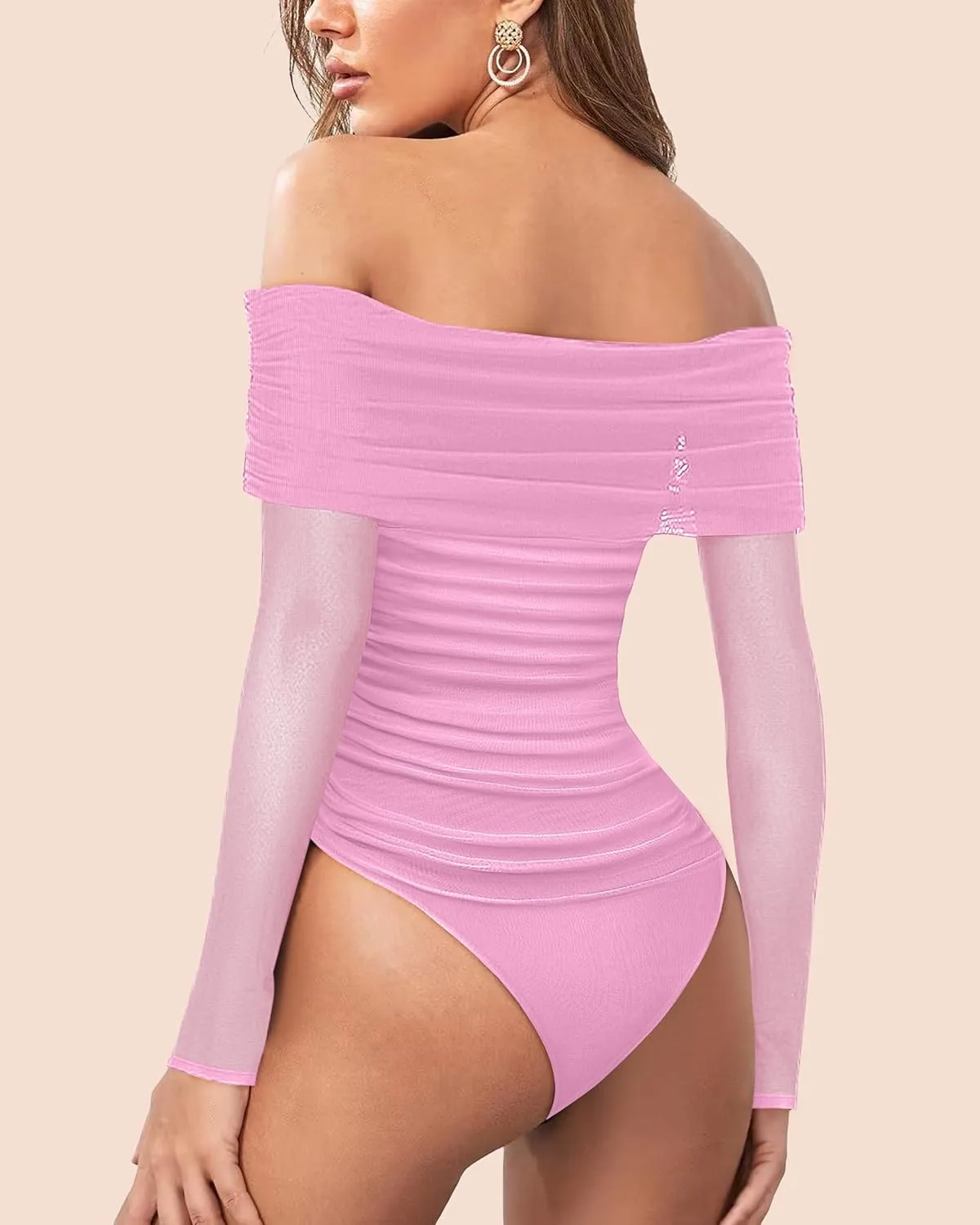 SAUNGKUAI Women's Off The Shoulder Long Sleeve Bodysuit Sexy Slimming Body Suit Tops Sheer Mesh Ruched Outfits