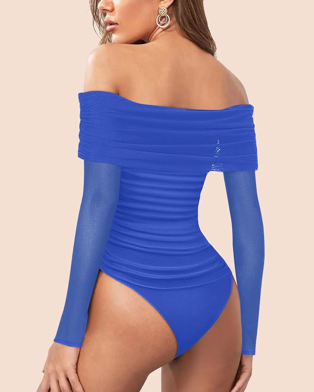 SAUNGKUAI Women's Off The Shoulder Long Sleeve Bodysuit Sexy Slimming Body Suit Tops Sheer Mesh Ruched Outfits