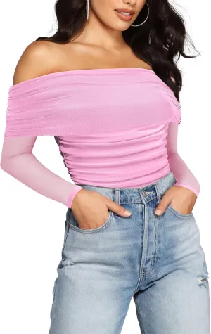 SAUNGKUAI Women's Off The Shoulder Long Sleeve Bodysuit Sexy Slimming Body Suit Tops Sheer Mesh Ruched Outfits