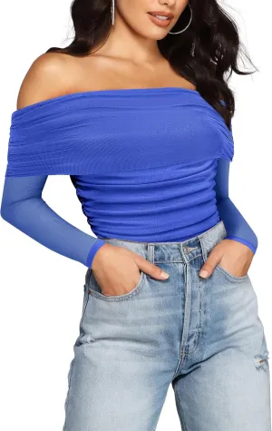 SAUNGKUAI Women's Off The Shoulder Long Sleeve Bodysuit Sexy Slimming Body Suit Tops Sheer Mesh Ruched Outfits