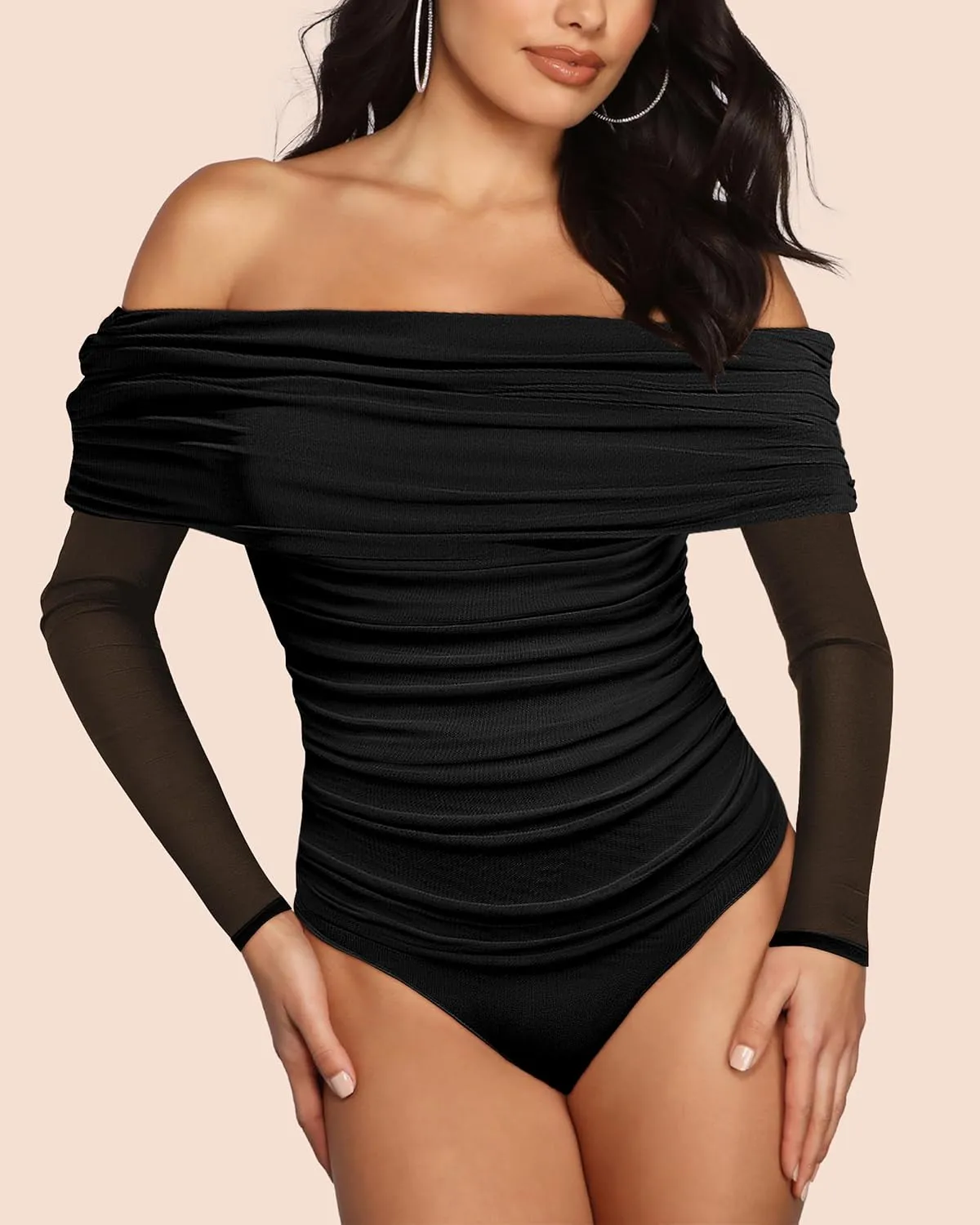 SAUNGKUAI Women's Off The Shoulder Long Sleeve Bodysuit Sexy Slimming Body Suit Tops Sheer Mesh Ruched Outfits