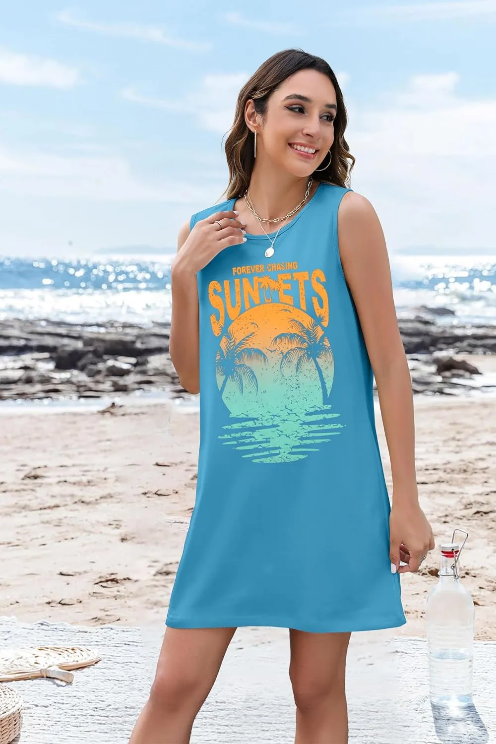 Summer Sundress for Women Graphic Mini Tank Dress Sleeveless Beach Dresses Short Casual Sun Dresses