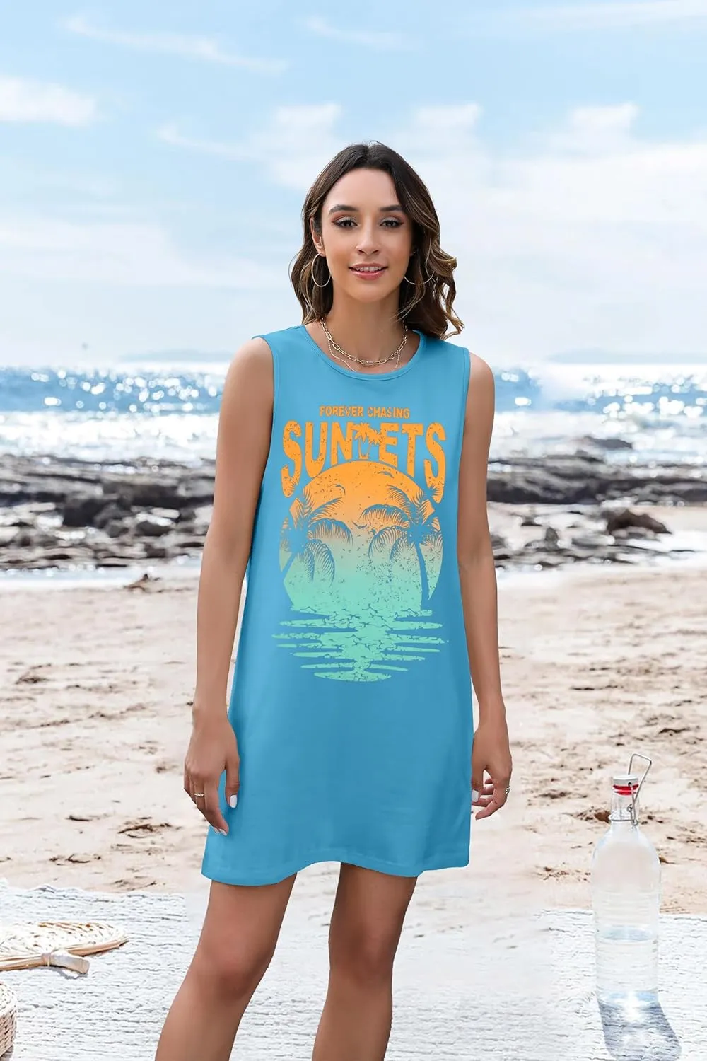 Summer Sundress for Women Graphic Mini Tank Dress Sleeveless Beach Dresses Short Casual Sun Dresses