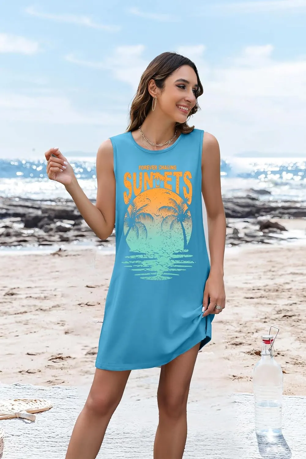 Summer Sundress for Women Graphic Mini Tank Dress Sleeveless Beach Dresses Short Casual Sun Dresses