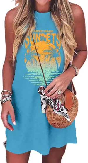 Summer Sundress for Women Graphic Mini Tank Dress Sleeveless Beach Dresses Short Casual Sun Dresses