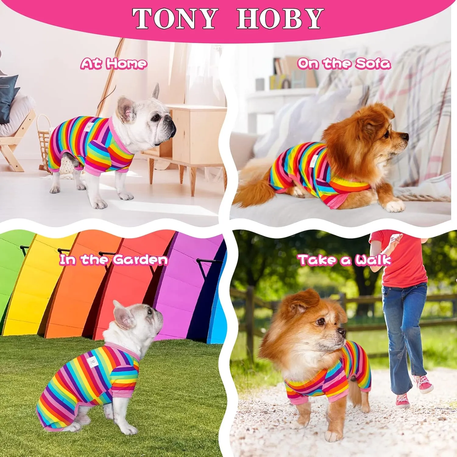 TONY HOBY Dog Pajamas, 4 Legged Jumpsuit Lightweight with Rainbow Stripe for Small/Medium Dog (Pink, Rainbow, S)