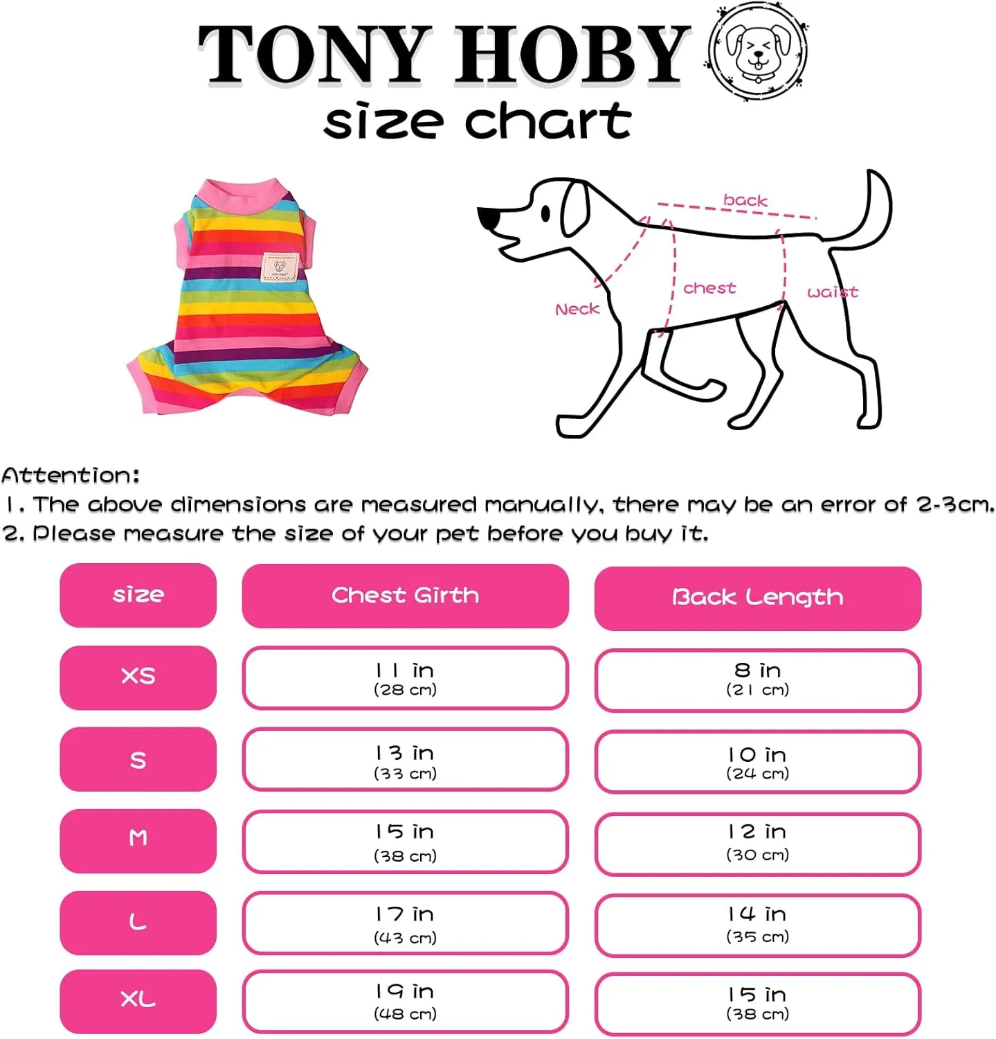 TONY HOBY Dog Pajamas, 4 Legged Jumpsuit Lightweight with Rainbow Stripe for Small/Medium Dog (Pink, Rainbow, S)