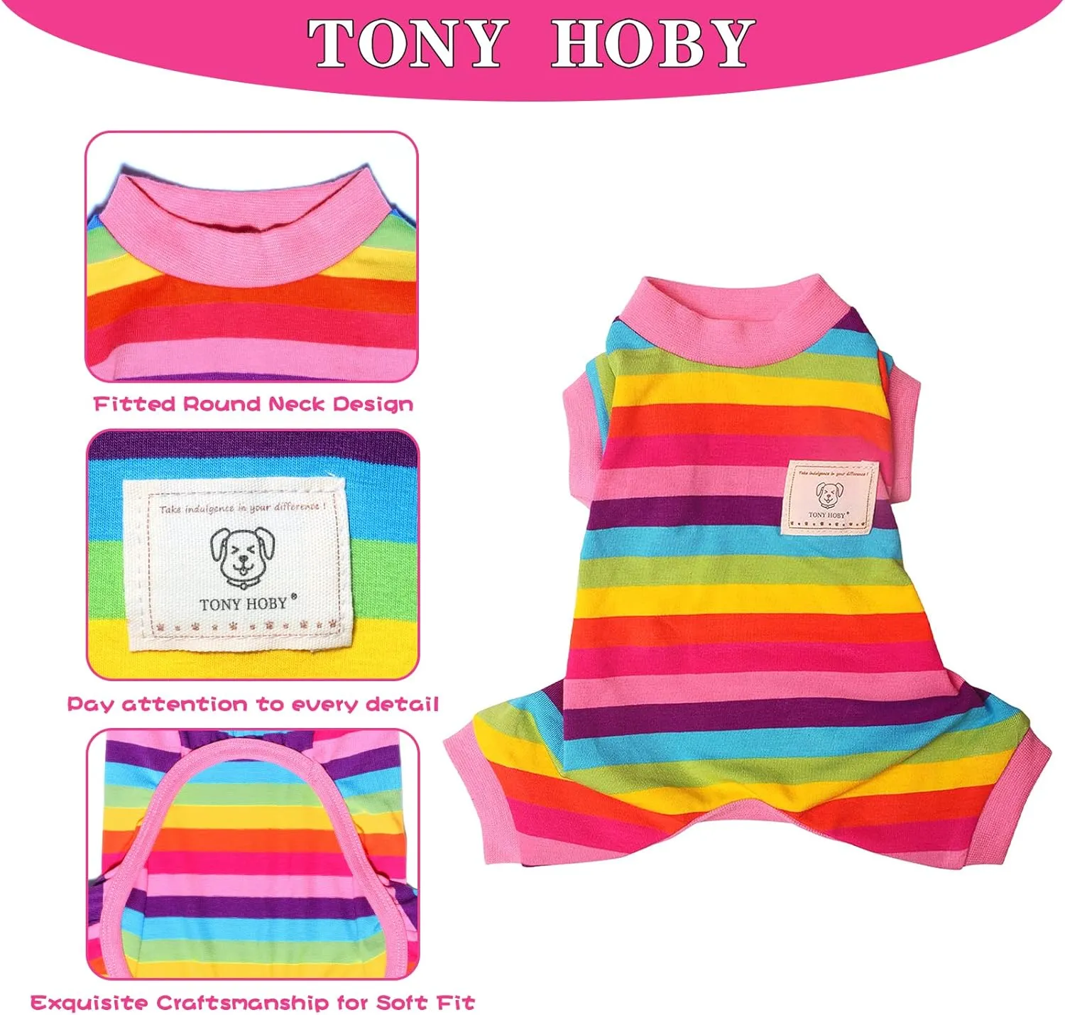 TONY HOBY Dog Pajamas, 4 Legged Jumpsuit Lightweight with Rainbow Stripe for Small/Medium Dog (Pink, Rainbow, S)